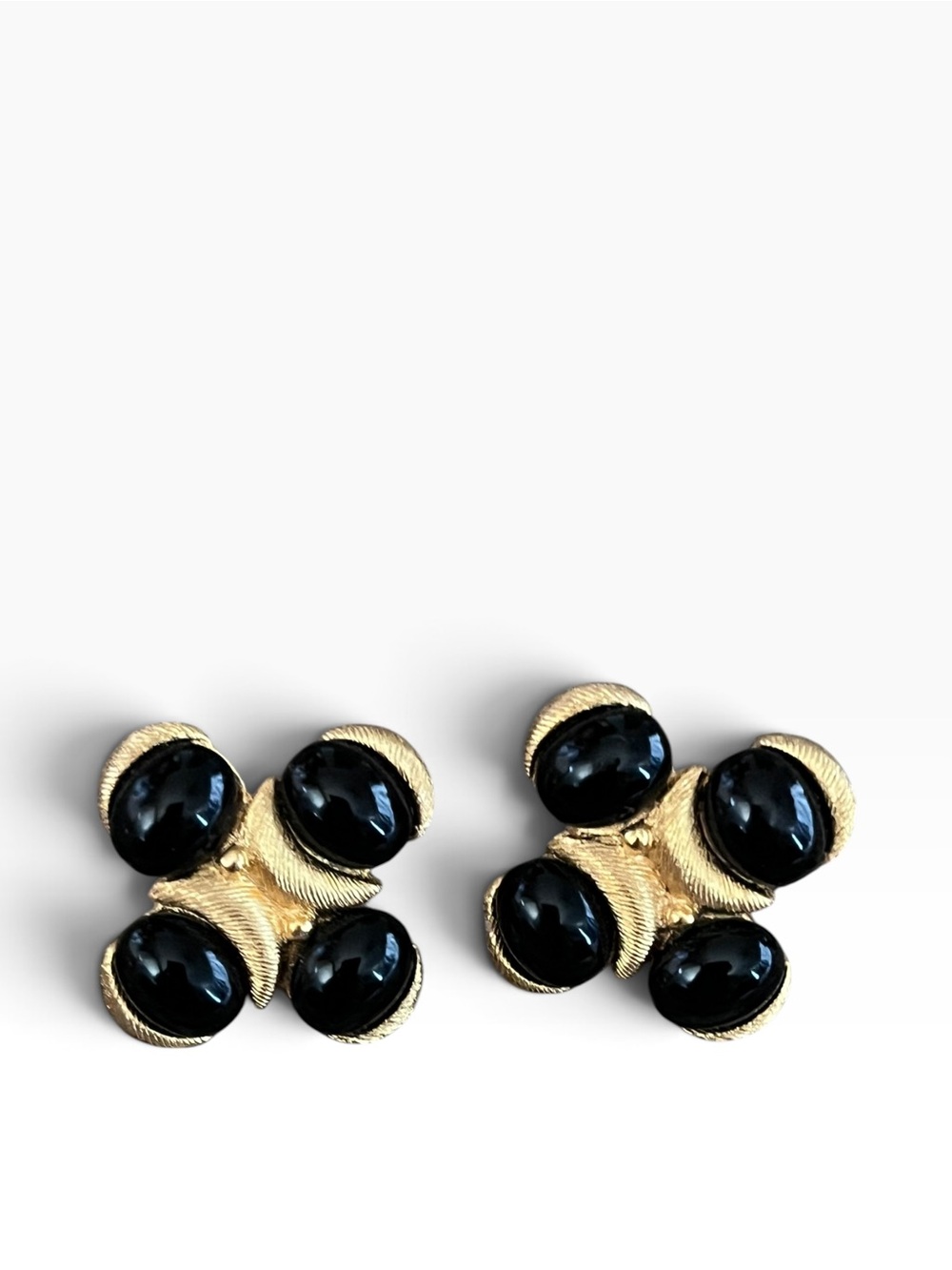 Vintage Napier Stud Earrings - Black Enamel & Gold Tone Flower Large Statement